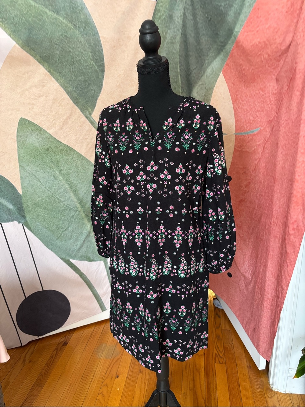 New J. Crew Black Floral Long-Sleeve Midi Dress with Pink and Green Accents